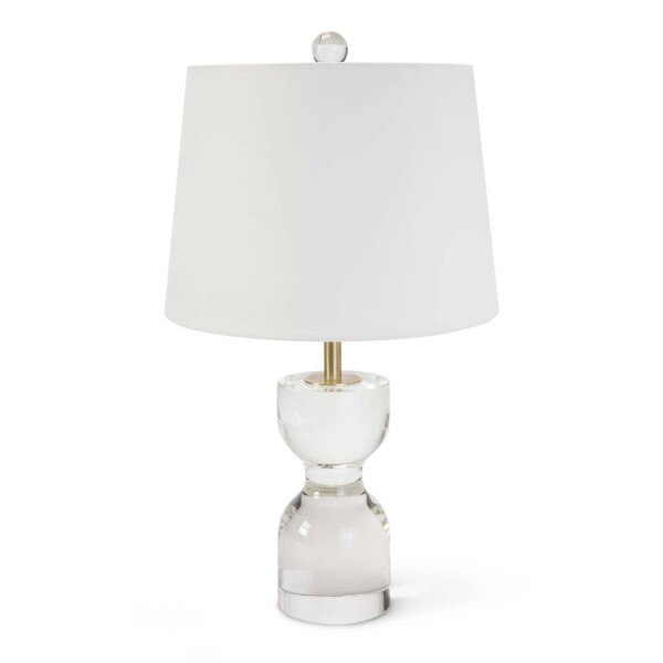 Small Crystal table lamp with hour glass chape, natural brass fittings and a white lamp